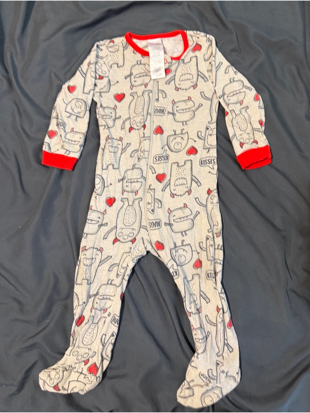 Onzie Gray Monster Heart Print Footie with Red Trim